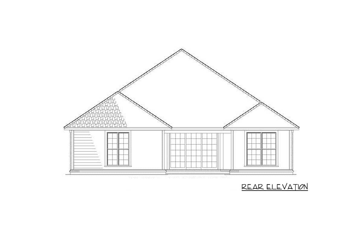 Rear elevation drawing of a one-story house plan with a prominent gable, multiple windows, and horizontal siding.