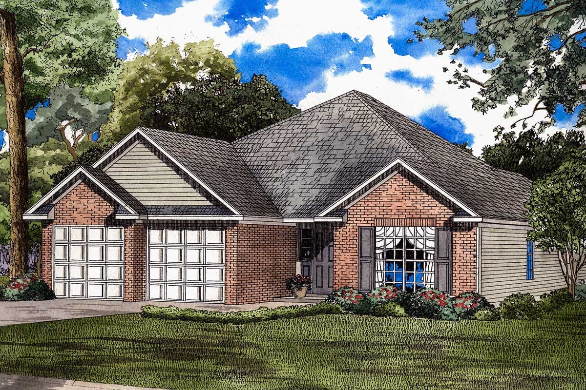 House plan exterior: One-story home with brick facade, gable, pitched roof, double garage doors, and large bay window.