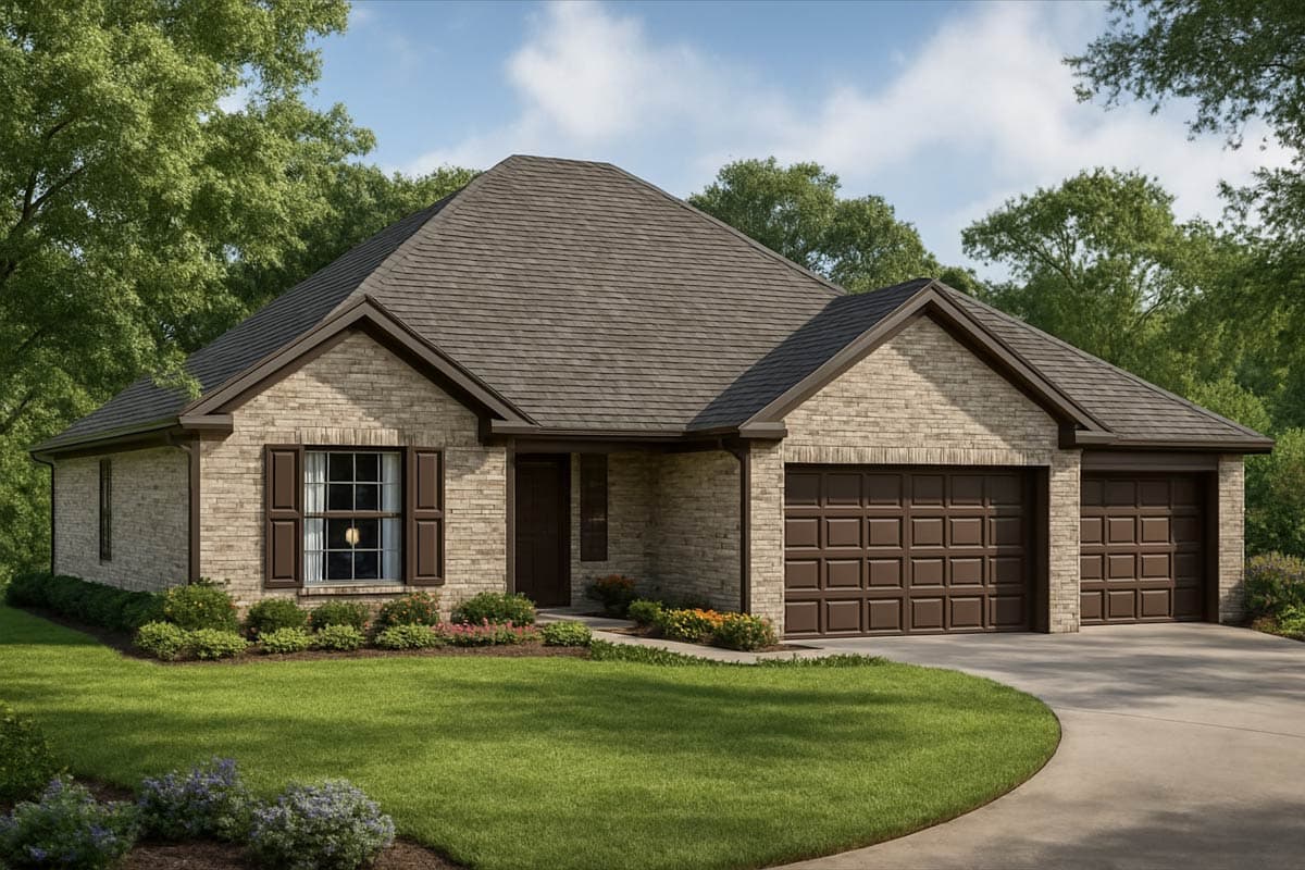 House plan exterior: single-story brick home with prominent gables, a covered entry, and a three-car garage.