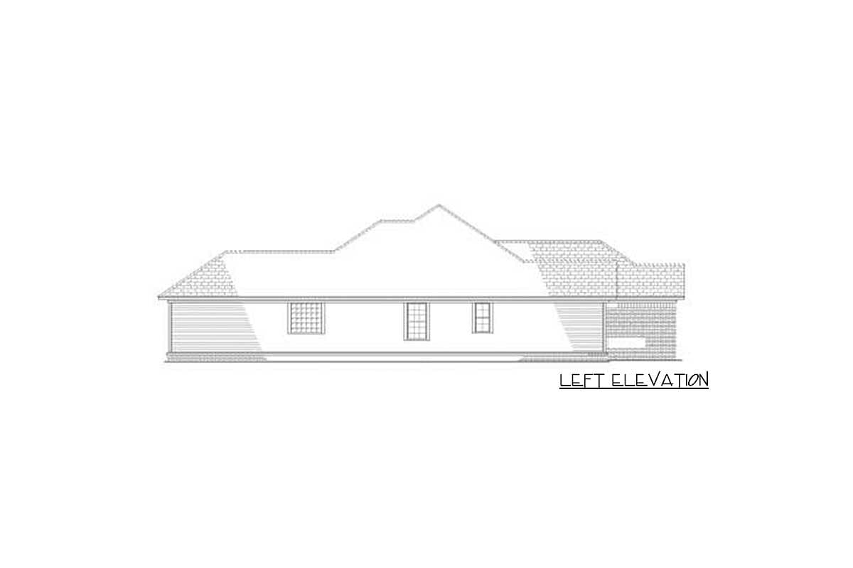 Left elevation drawing of a one-story house plan, showing pitched rooflines, gabled dormer, and horizontal siding.