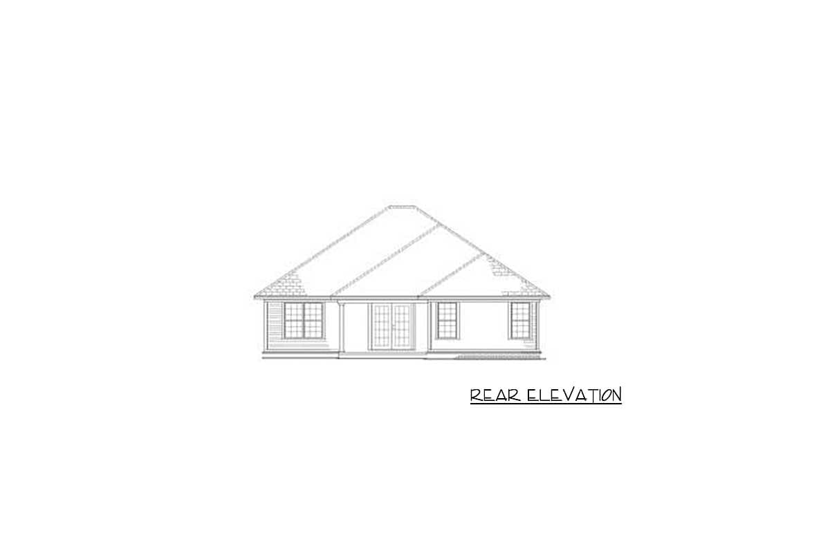 Rear elevation drawing of a single-story house with a hip roof, double doors, and four windows.