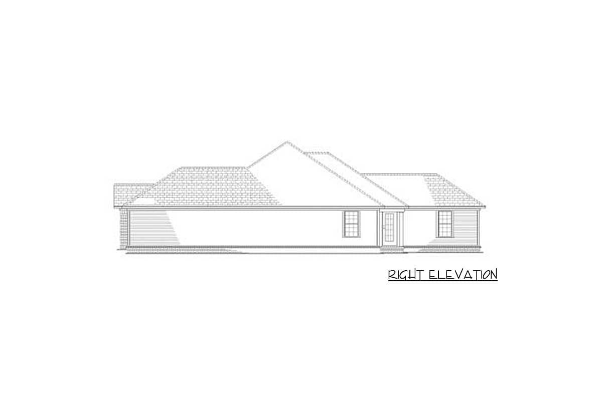 Right elevation house plan showing a single-story home with gabled rooflines, clapboard siding, and a central entry door with windows.