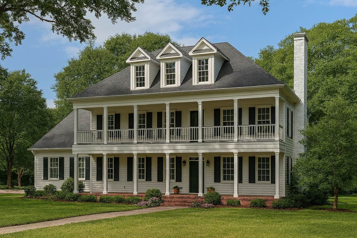 House plan exterior of a two-story home with a hip roof, three dormers, and a two-story porch with columns.