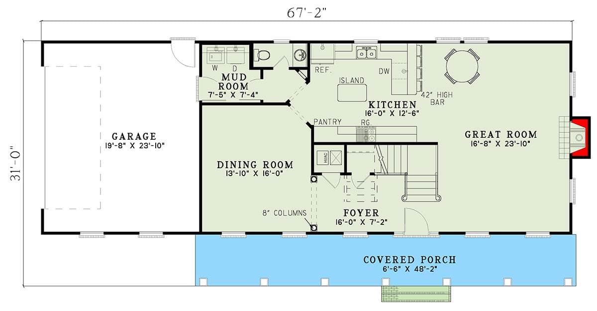 Plan 5961ND: Classic Southern Charm with Stacked Porches and Split Bedroom Design - Floor Plan - Main Level - New Orleans, Southern, Southern Traditional, Traditional
