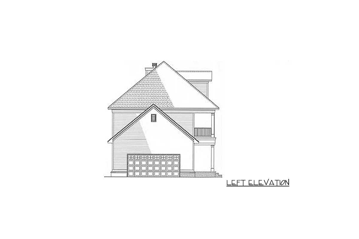 Left elevation drawing of a house plan, showing a prominent gable, dormer, and attached garage.