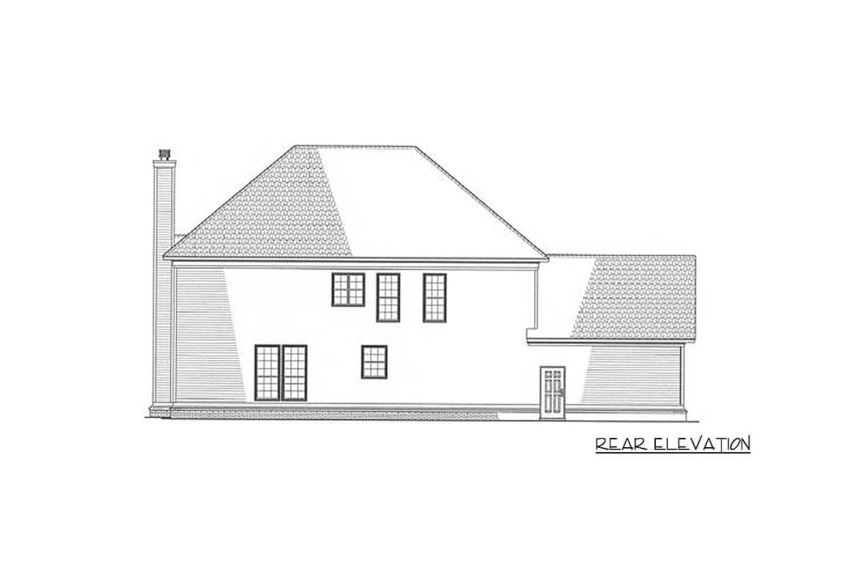 Rear elevation drawing of a two-story house with a prominent roofline, double-hung windows, and a central door.