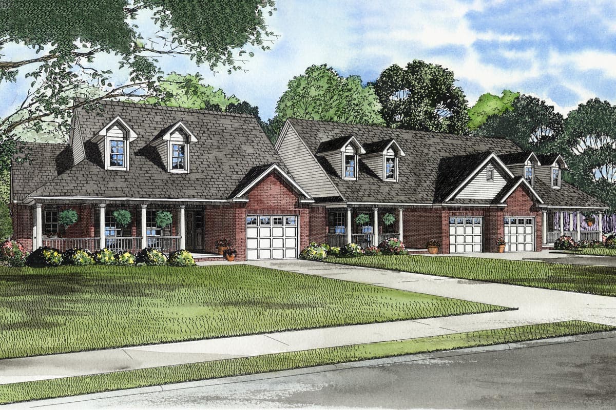 House plan exterior: Two-story brick home with front porch, dormers, and attached two-car garage.
