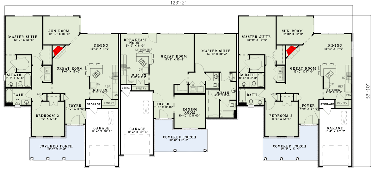 Plan 59614ND: Single-Story Triplex House Plan with Two 2 Bed Units and One 1 Bed Unit - Floor Plan - Main Level - Ranch, Traditional