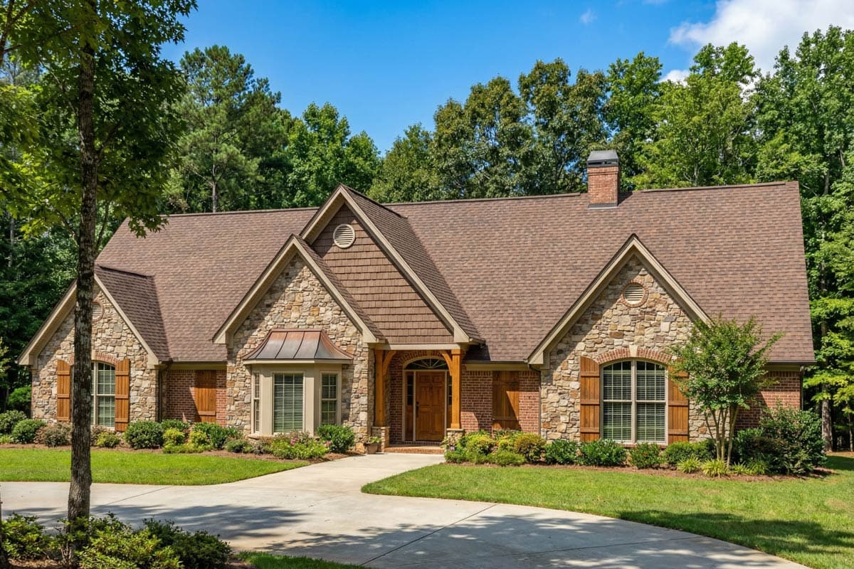 House plan exterior with stone and brick facade, gabled roof, and wood shutters. Features include a covered entry and dormer windows.