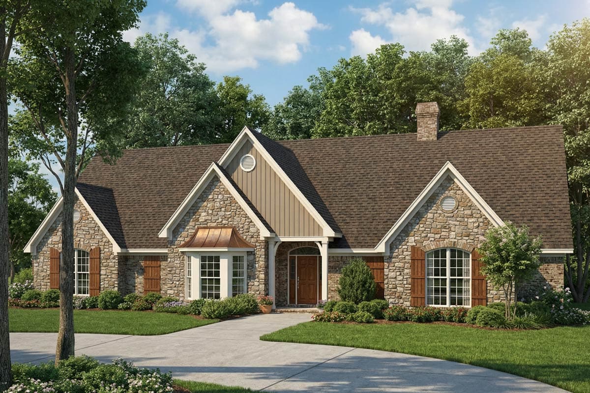 House plan exterior: stone facade, gables with dormers, arched windows, copper bay roof, and stone chimney.