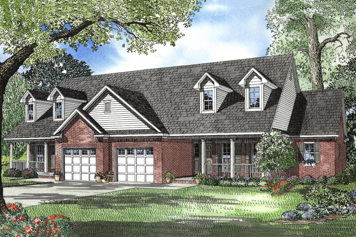 House plan exterior: Single-story brick home with a gable roof, dormers, two garage doors, and a covered front porch with columns.
