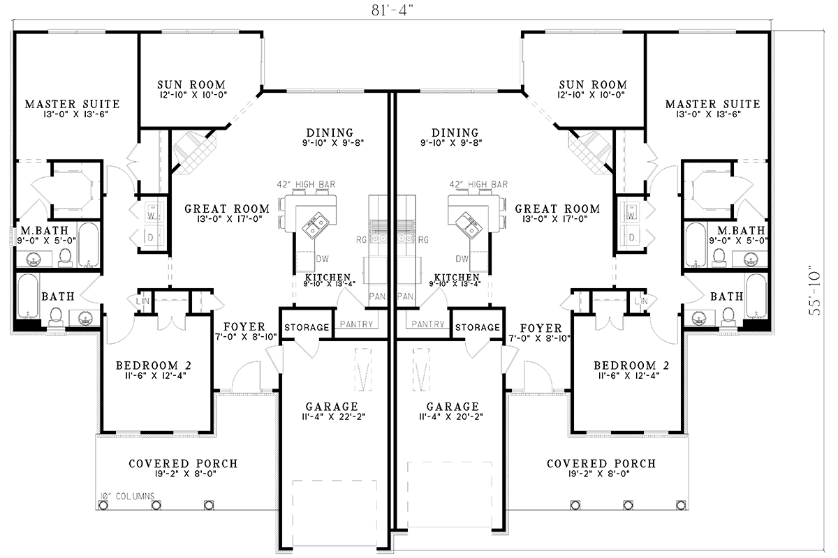 Plan 59616ND: One-Story Duplex House Plan - 2 Beds, 2 Baths - 1398 Sq Ft - Floor Plan - Main Level - Traditional