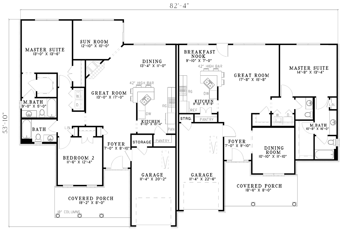 Plan 59617ND: Asymmetrical Duplex House Plan with Traditional Styling - Floor Plan - Main Level - Traditional