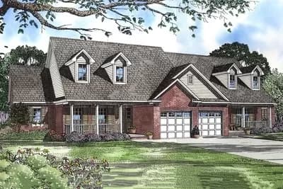 Asymmetrical Duplex House Plan with Traditional Styling