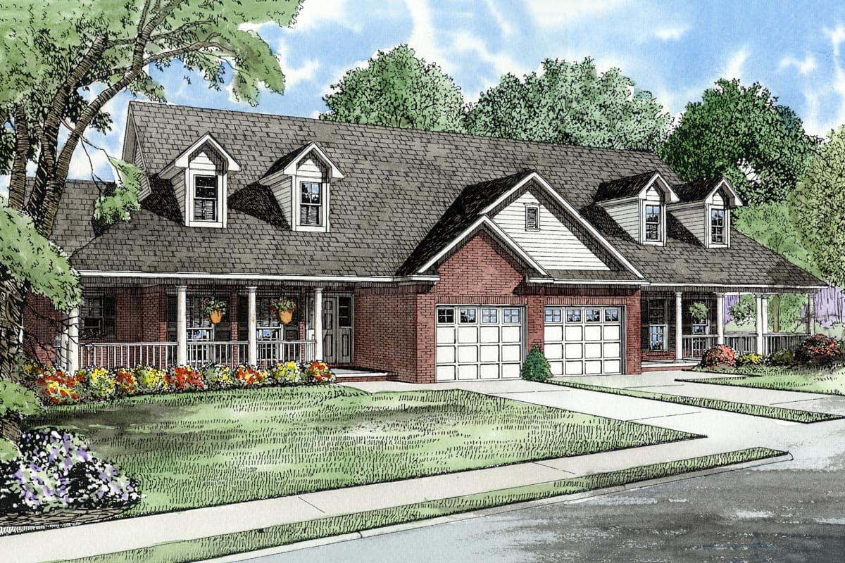 House plan exterior of a single-story brick home with a wide front porch, dormers, and a side-facing three-car garage.