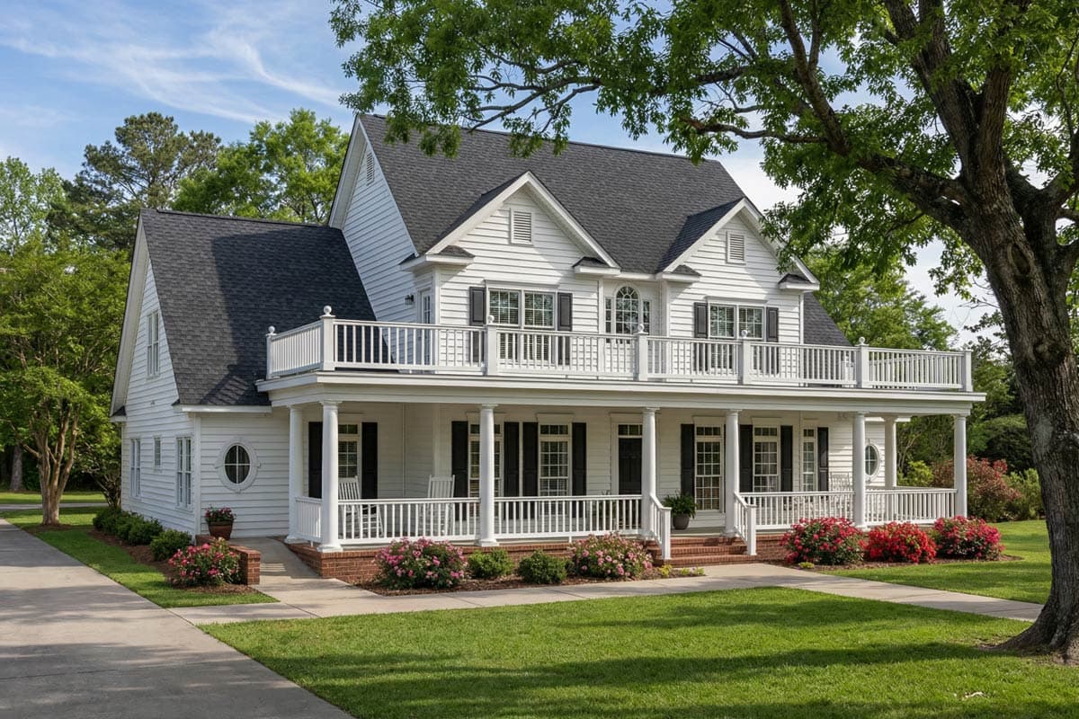 House plan exterior featuring a two-story Colonial style with a wraparound porch, gabled roof, and balcony on the second floor.