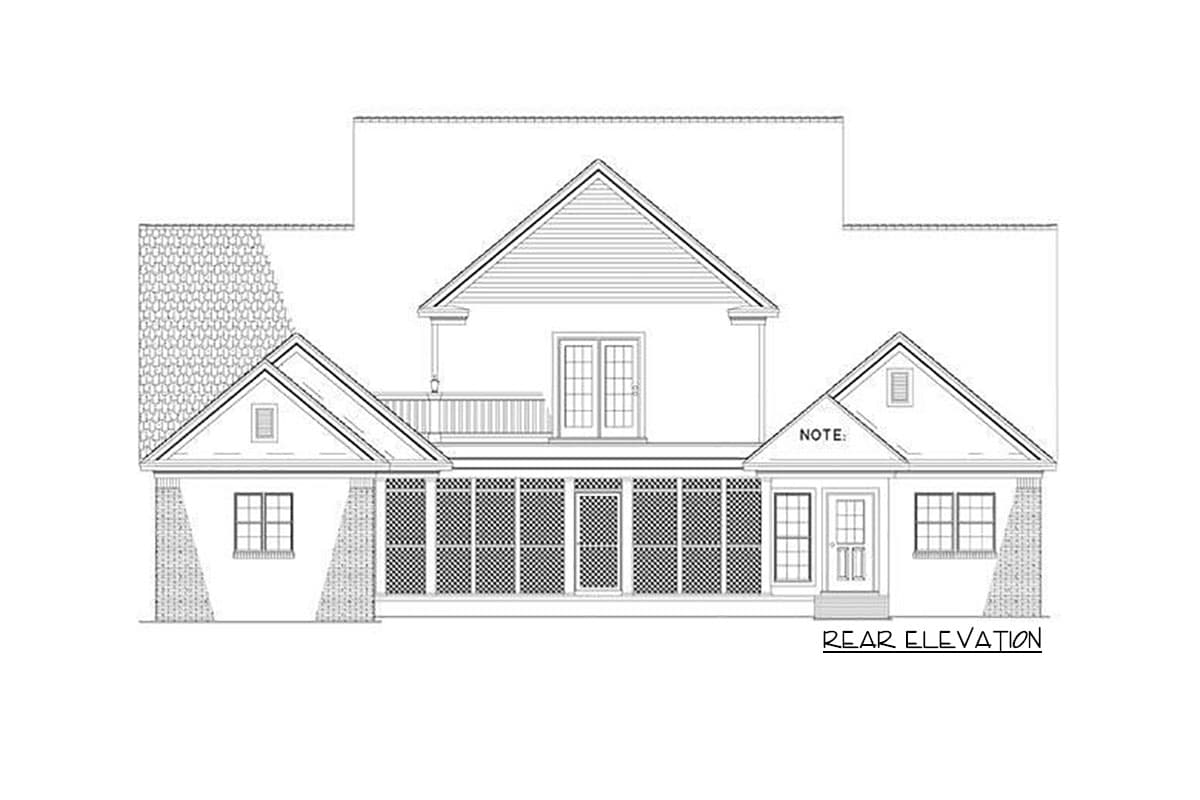 Rear elevation drawing of a house with multiple gables, a screened porch, upper balcony with double doors, and brick accents.