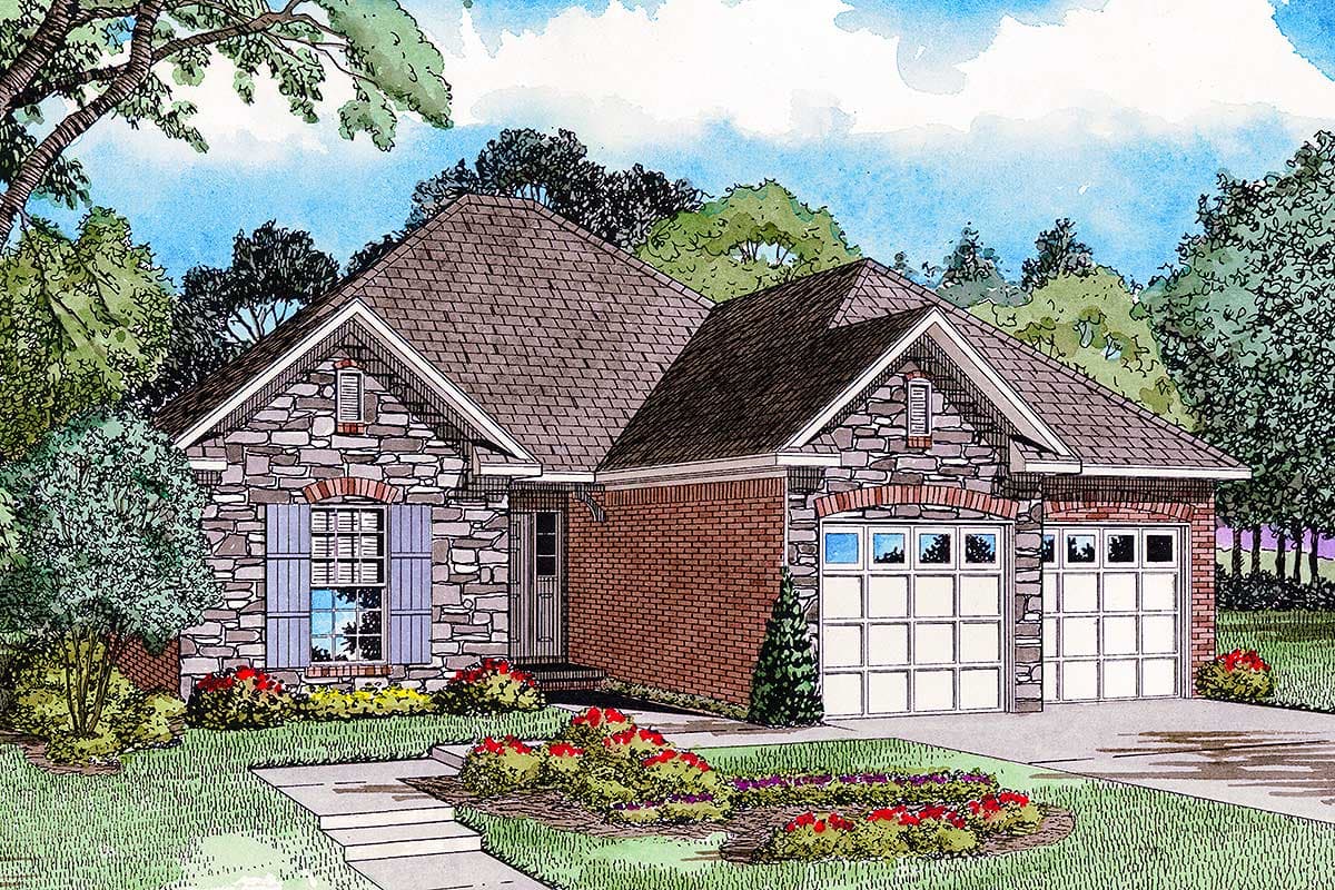 House plan exterior: Single-story home with stone and brick facade, prominent gables, and a two-car front-entry garage.