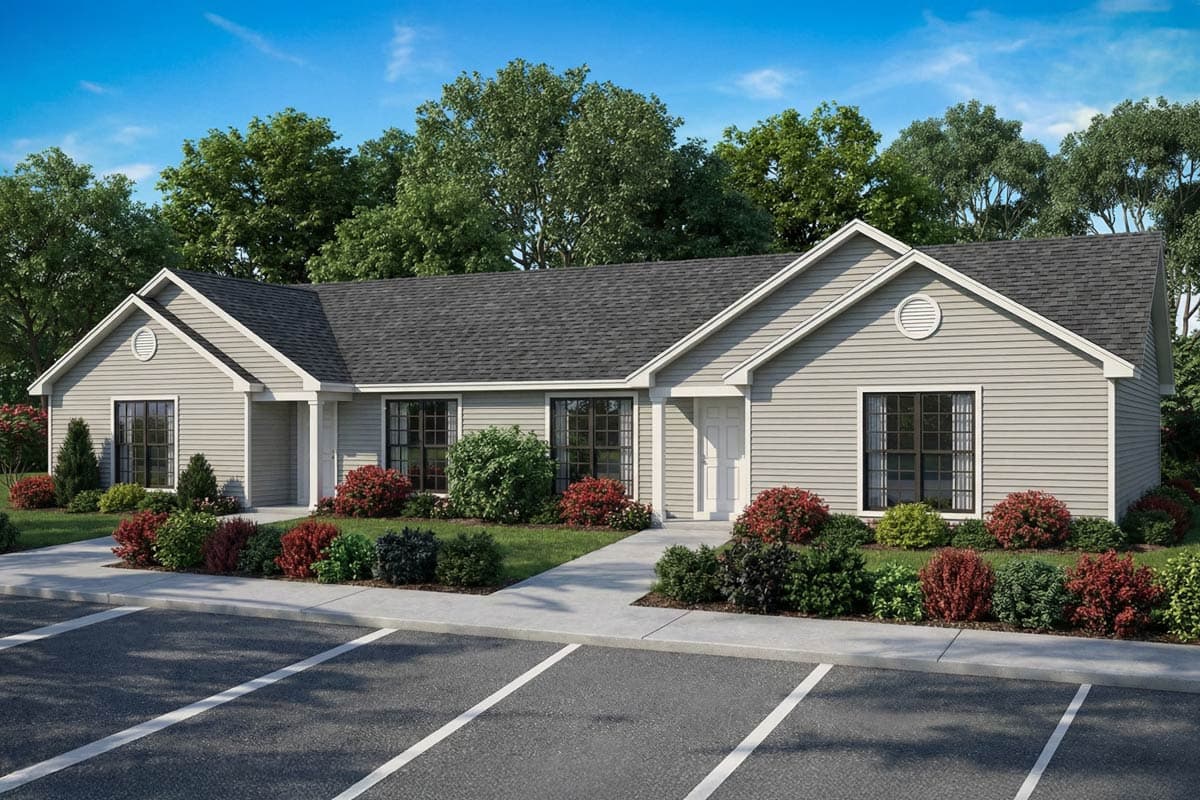 A newly constructed, light gray single-story building with a dark gray roof, lush landscaping, and a paved parking lot in front.