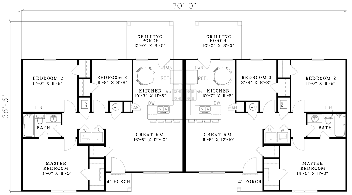 Plan 59623ND: One-Story Duplex House Plan - 3 Beds, 1 Bath - 1860 Square Feet - Floor Plan - Main Level - Southern, Traditional