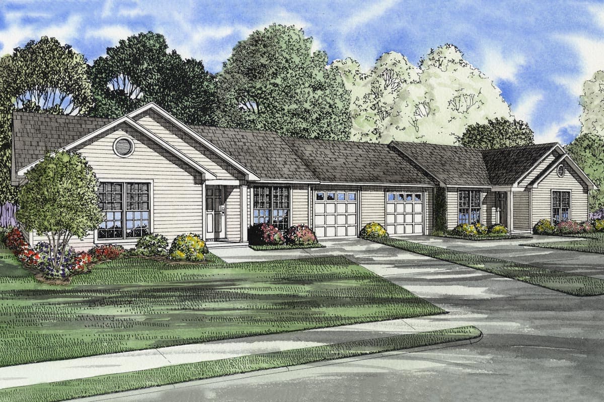 House plan exterior, one-story Ranch style with a side-entry three-car garage, prominent gables, and clapboard siding.