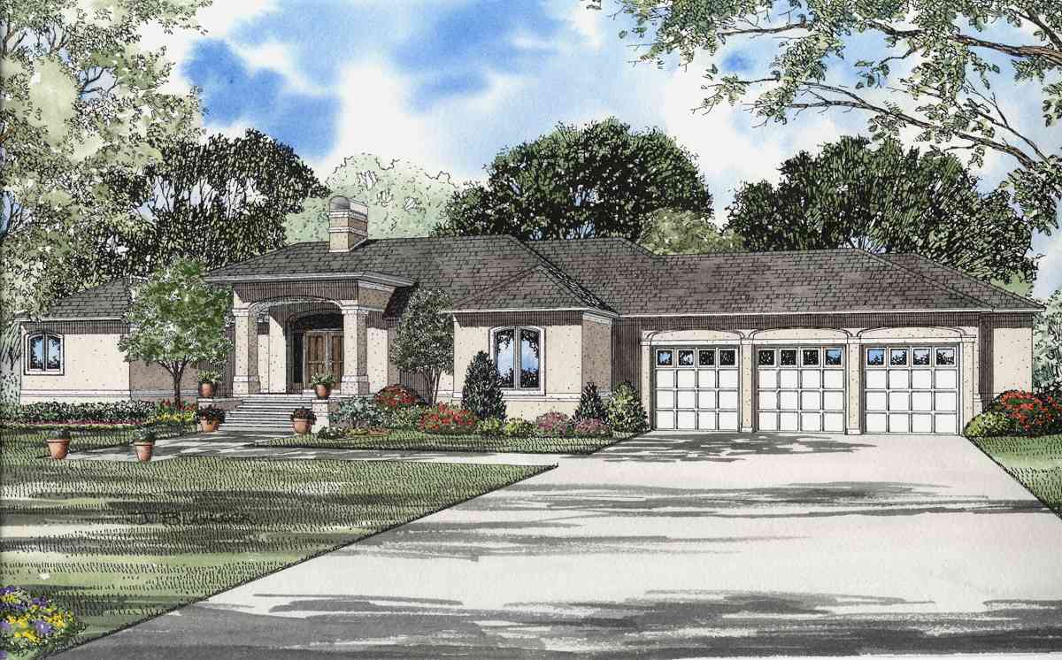 House plan exterior: Single-story home with a covered portico entry, chimney, and three-car garage.