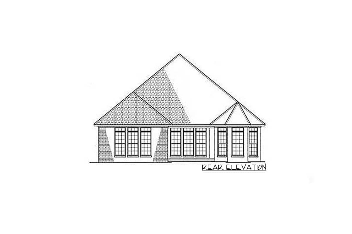 Rear elevation drawing of a house plan with multiple windows and a varied roofline.