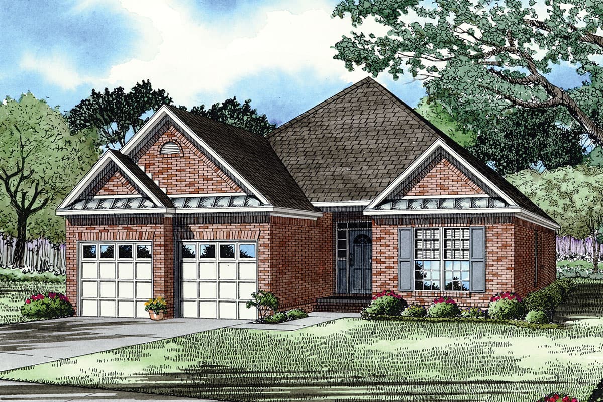 House plan exterior: Brick one-story home with a two-car garage, gables with decorative windows, and a prominent central gable over the entrance.
