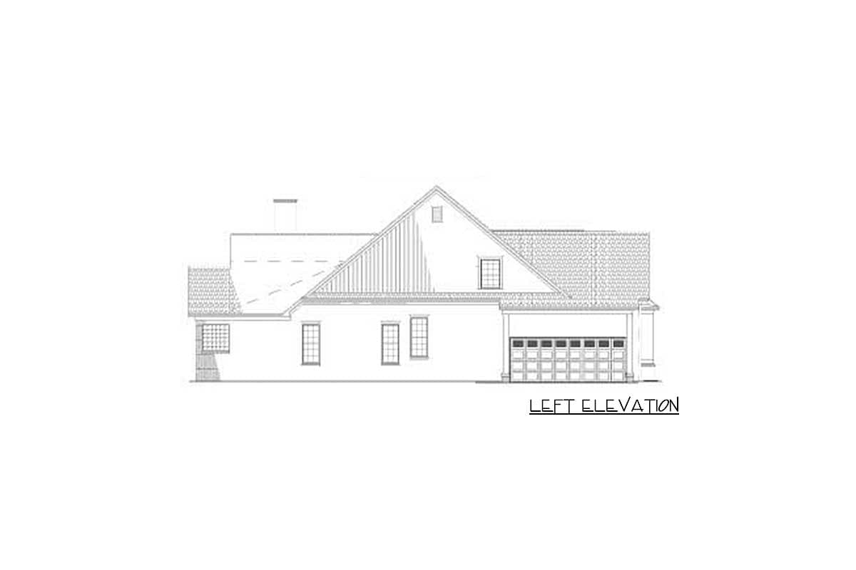 Left elevation of a house plan featuring a large gable, multiple windows, and a two-car garage.