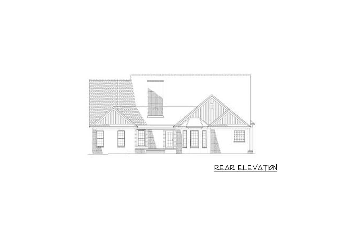 Rear elevation drawing of a one-story house plan with multiple gables, a central entrance, and various window arrangements.