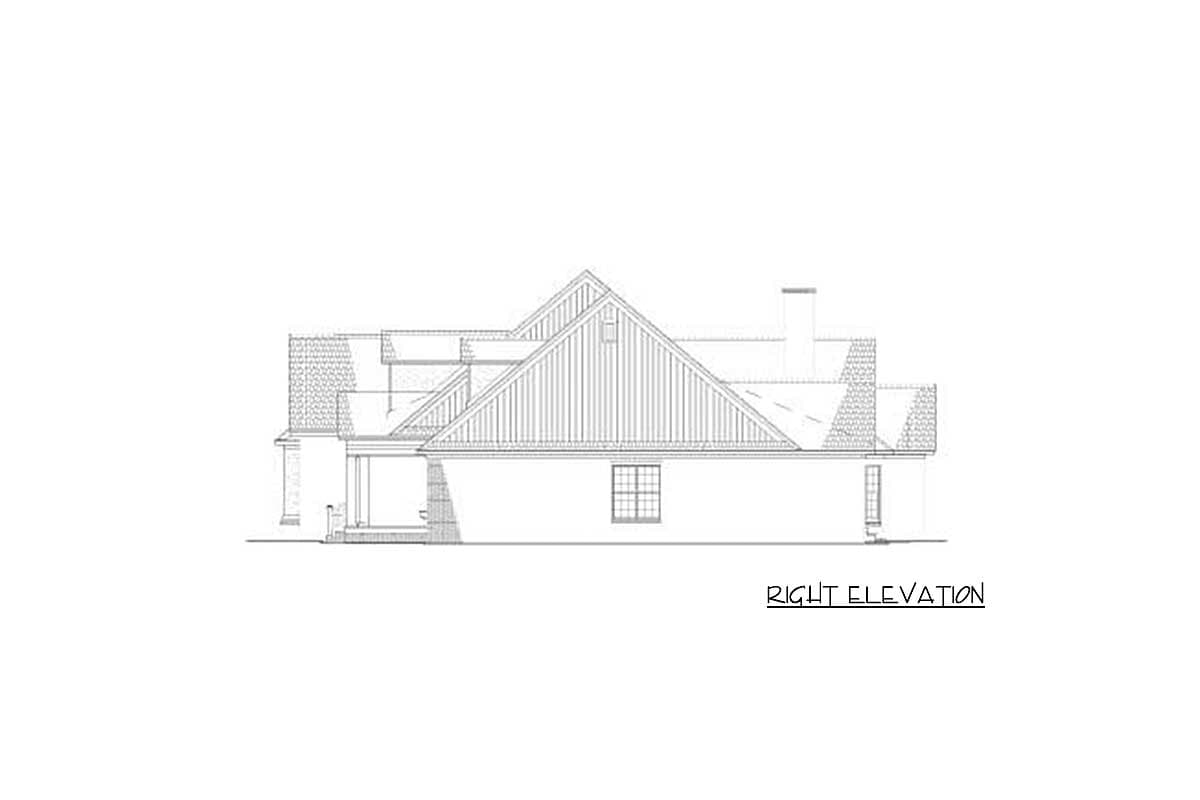 Right elevation house plan drawing showing gabled roof, dormer, window, and porch.