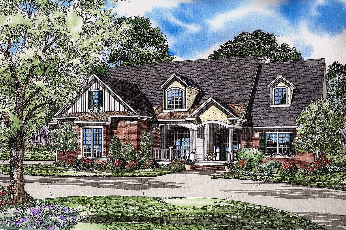 House plan exterior, brick, 2-story, featuring a covered front porch with columns, multiple gables, and dormer windows.