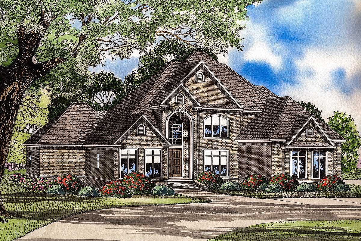 House plan exterior of a two-story brick home with a prominent arched entryway, multiple gables, and dormer windows.