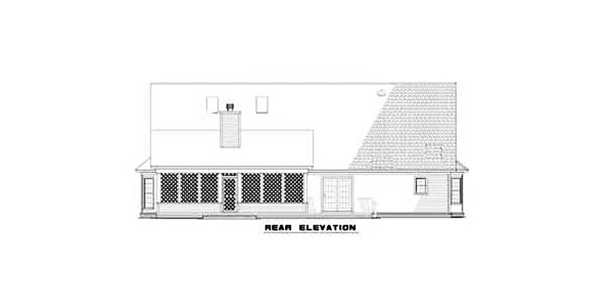 Rear elevation house plan with a screened porch, sliding glass doors, and a chimney.