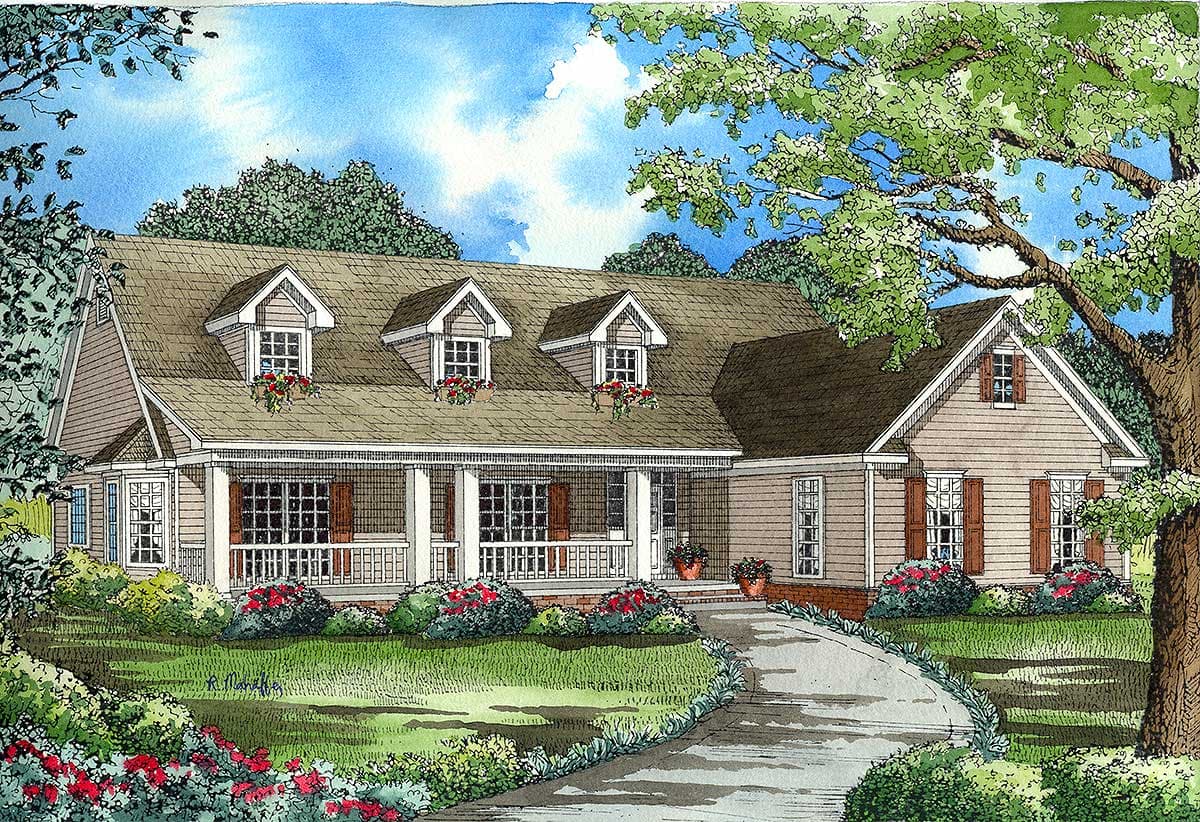 House plan exterior: Ranch style, one-story, full front porch with columns, dormers, and gable end.