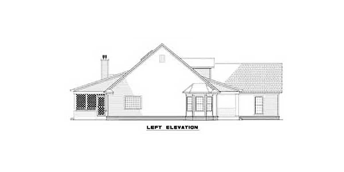Left elevation of a house plan with a prominent gable, hip roof, screened porch, and chimney.
