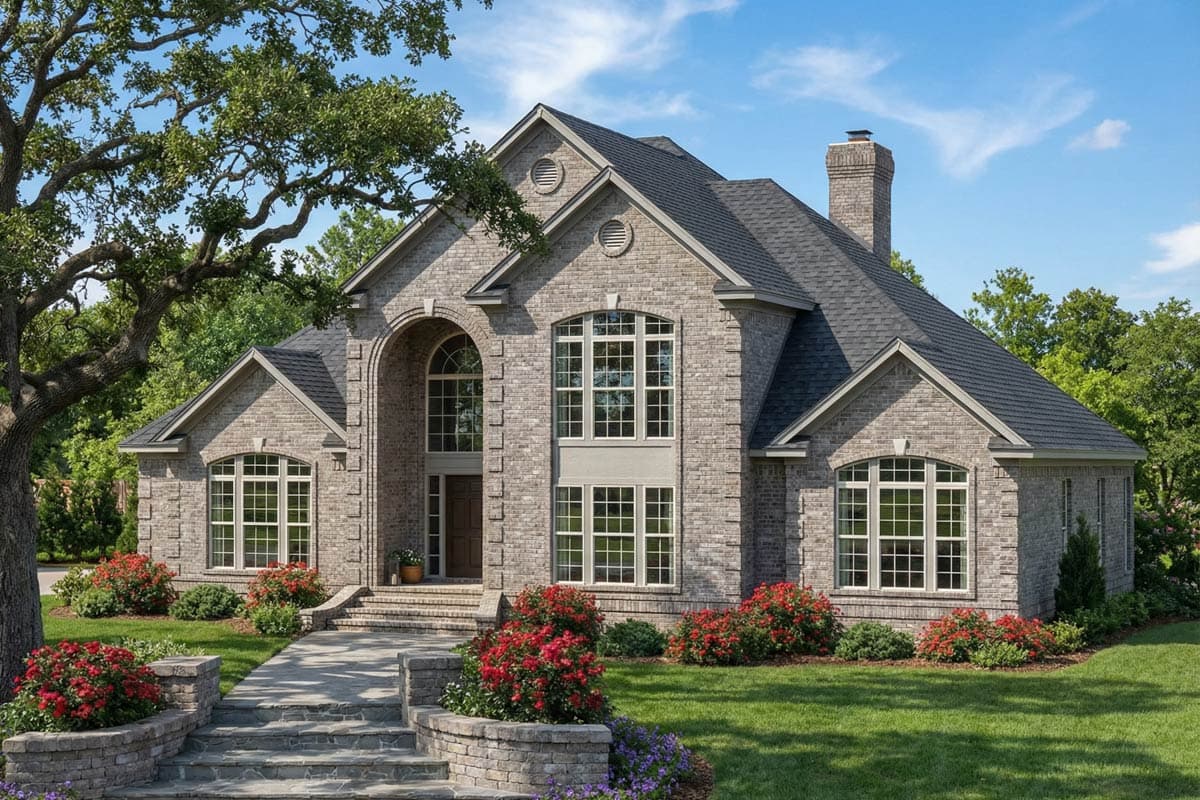 House plan exterior. Two-story brick home with gabled roof, arched entryway, multi-paned windows, and a prominent chimney.