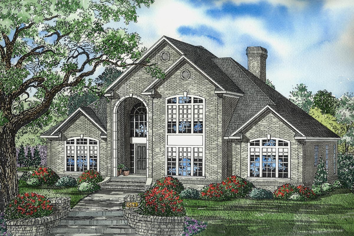 House plan exterior: Two-story brick home with arched entryway, prominent gables, dormers, and a central Palladian window.