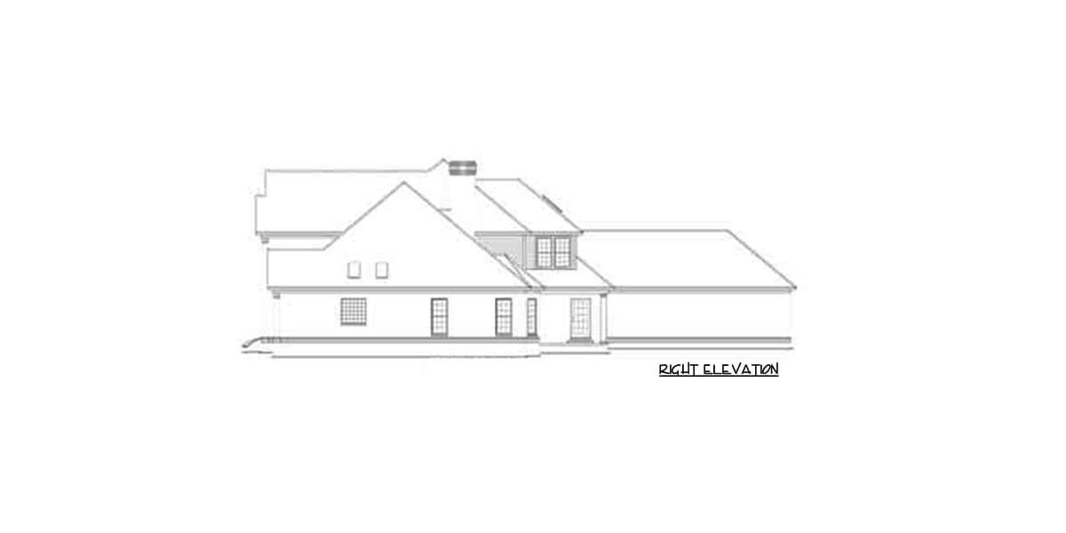 House plan right elevation showing gables, dormer, and covered porch with multipane windows.