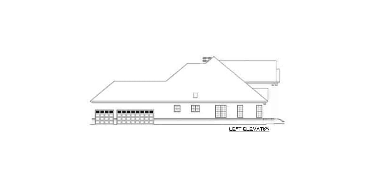 Left elevation drawing of a house plan featuring a three-car garage, multiple windows, and a gabled roof.