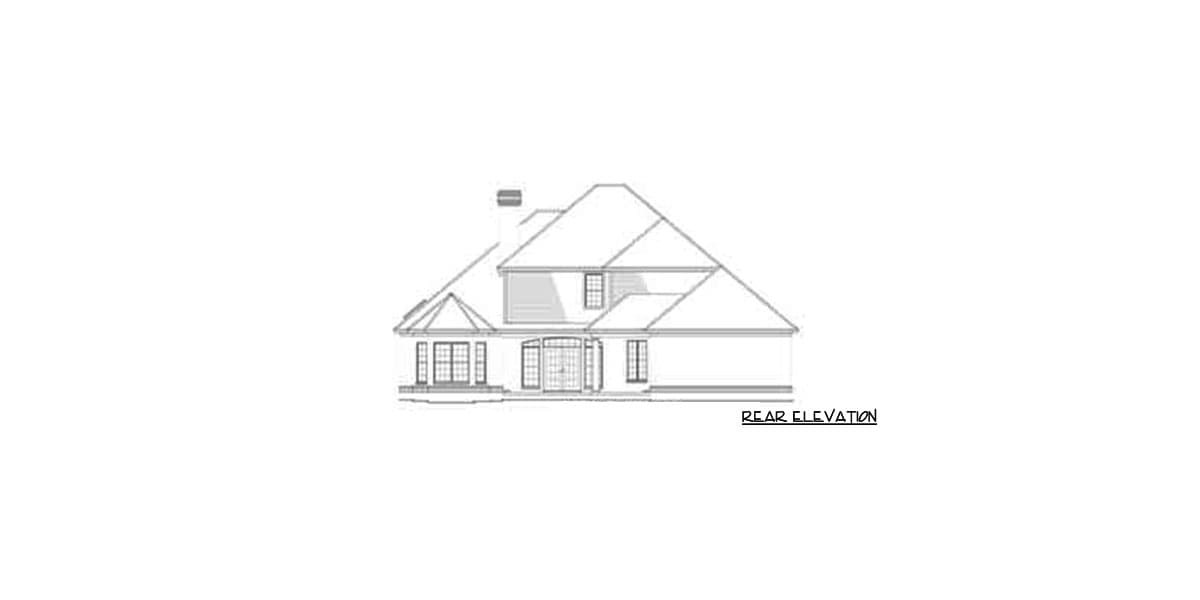 Rear elevation drawing of a house plan with a prominent hipped roof, dormers, chimney, and multiple windows.