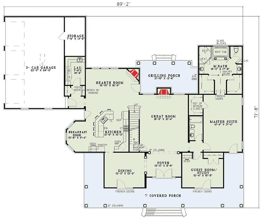 Plan 59636ND: Southern Style House Plan with Bonus Room - Floor Plan - Main Level - Southern