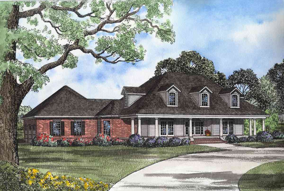 House plan exterior: Traditional ranch with a brick base, full-width covered porch, and three dormers.