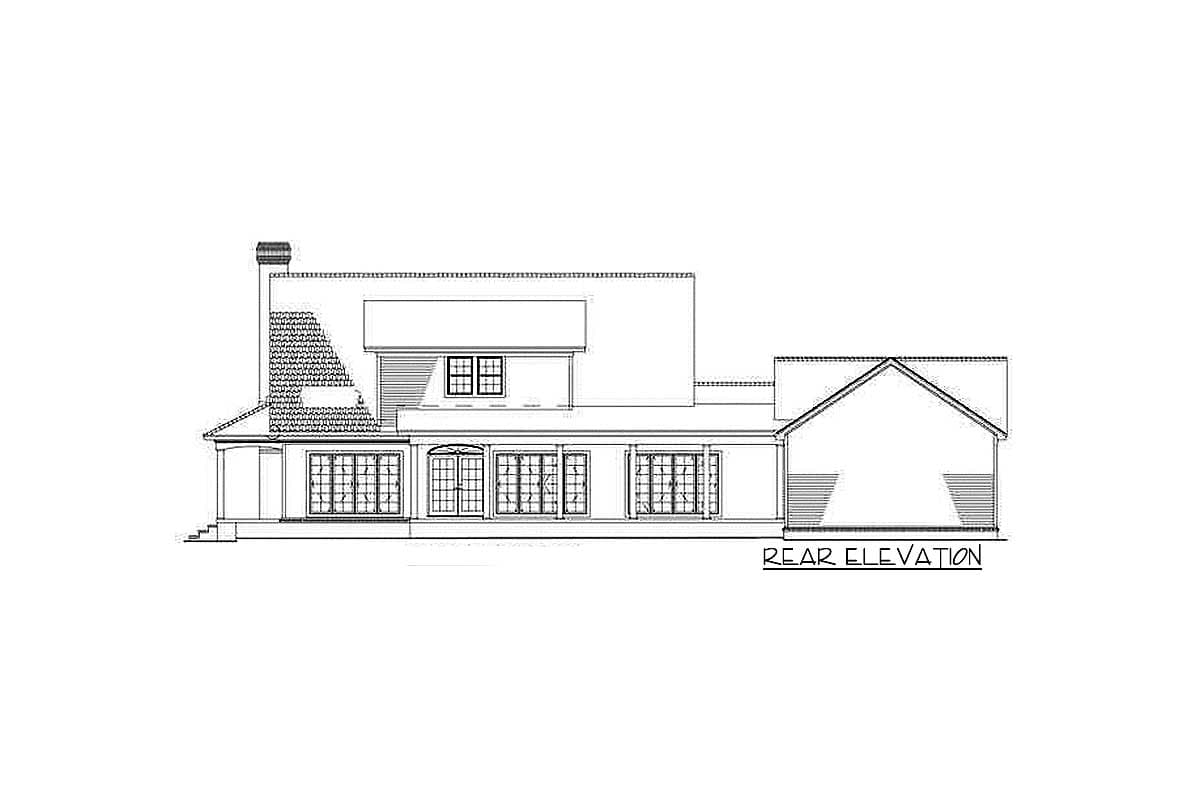 Rear elevation drawing of a two-story house plan with a covered porch, dormers, and a prominent chimney.