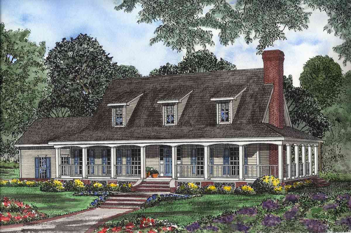 House plan exterior featuring a wrap-around porch, dormer windows, and a brick chimney.