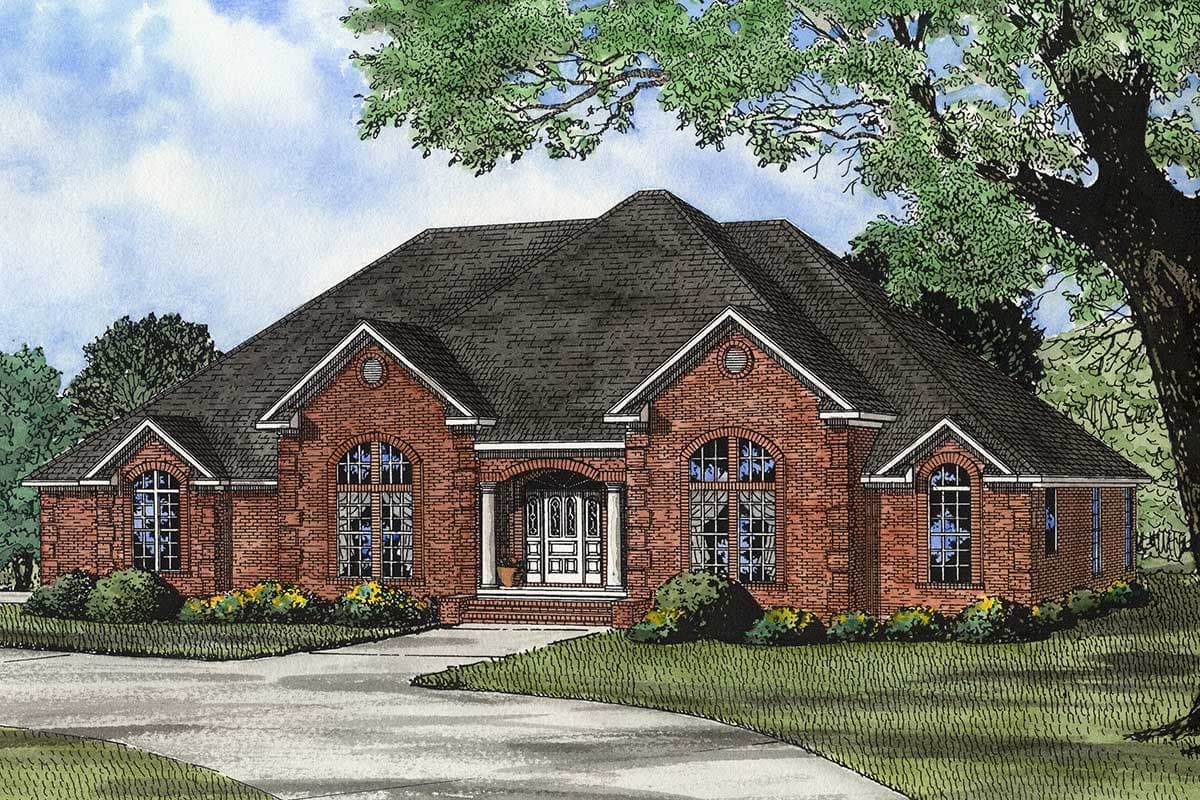 House plan exterior: Ranch style, brick facade, prominent arched windows, covered entry with double doors and columns.