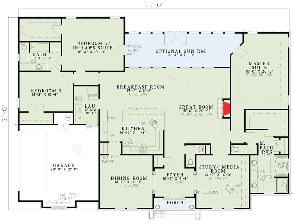 Plan 59638ND: 3-Bed Brick Home Plan Two Master Suites - Floor Plan - Main Level - Traditional