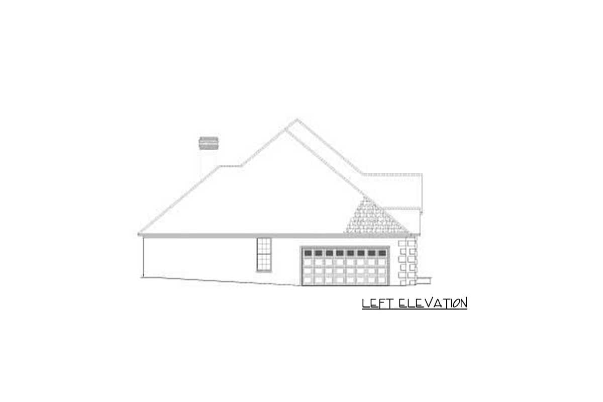 Left elevation drawing of a house plan with a prominent roofline, chimney, garage, and stone accents.