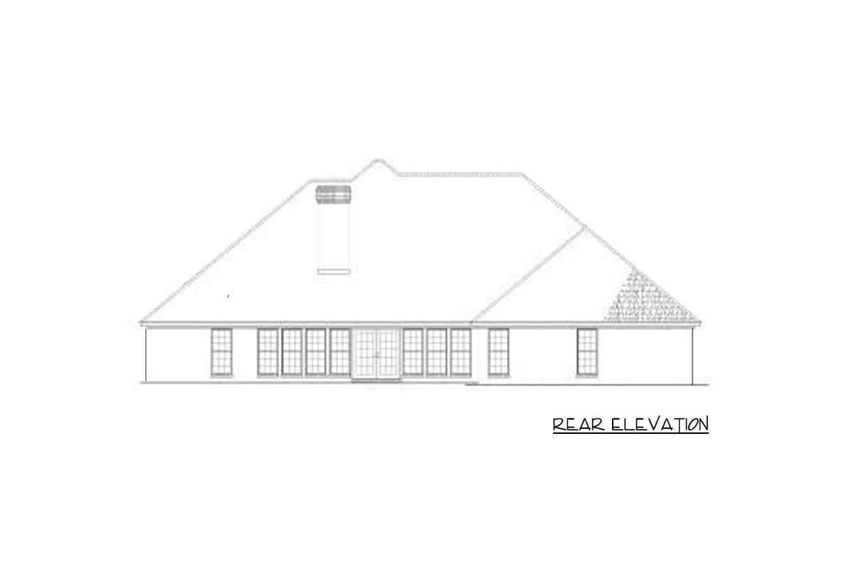 Rear elevation of a house plan with multiple windows, a central double door, and a hip roof.