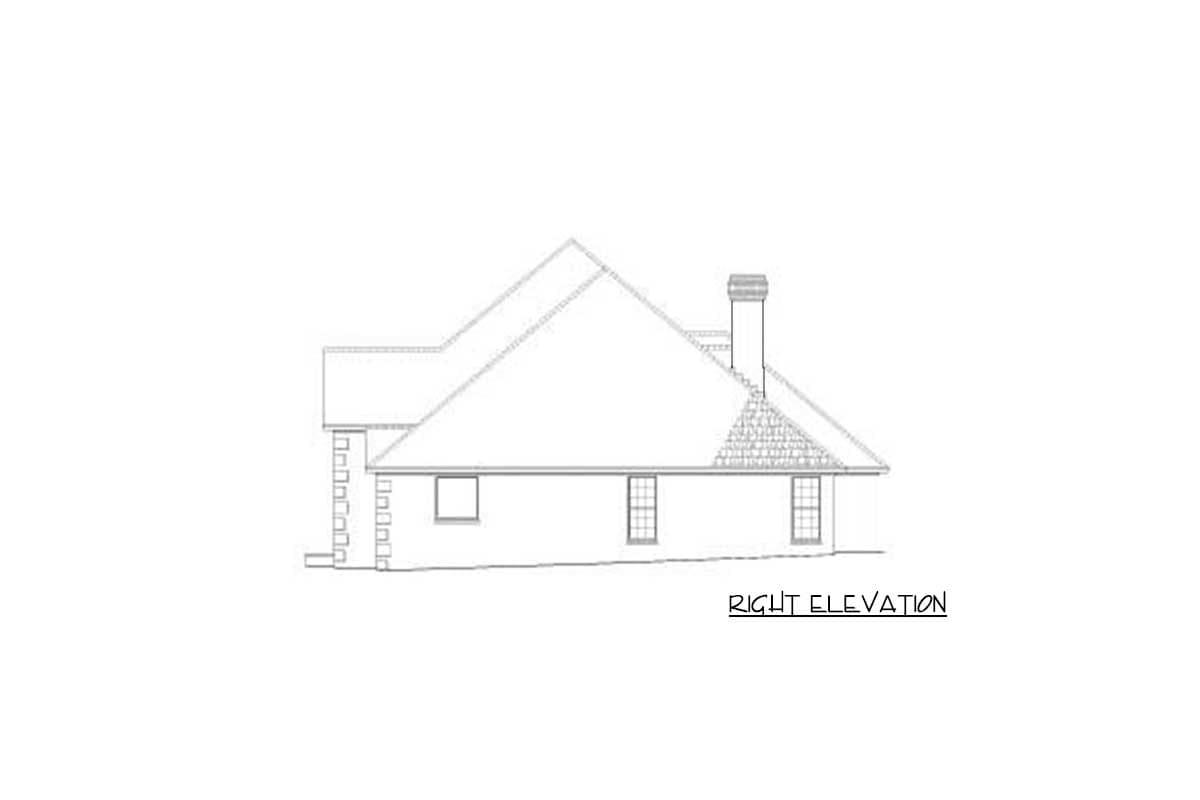 Right elevation drawing of a house plan showing a pitched roof, chimney, and windows.